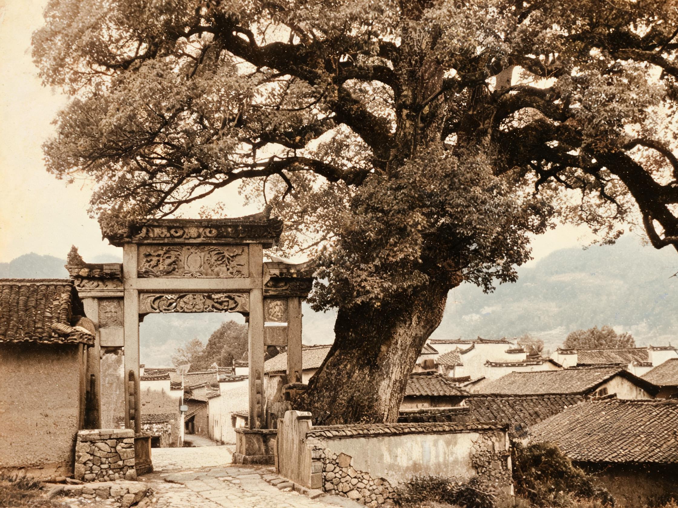 土坡山石老塆 · 塆口全景（1950 年代）