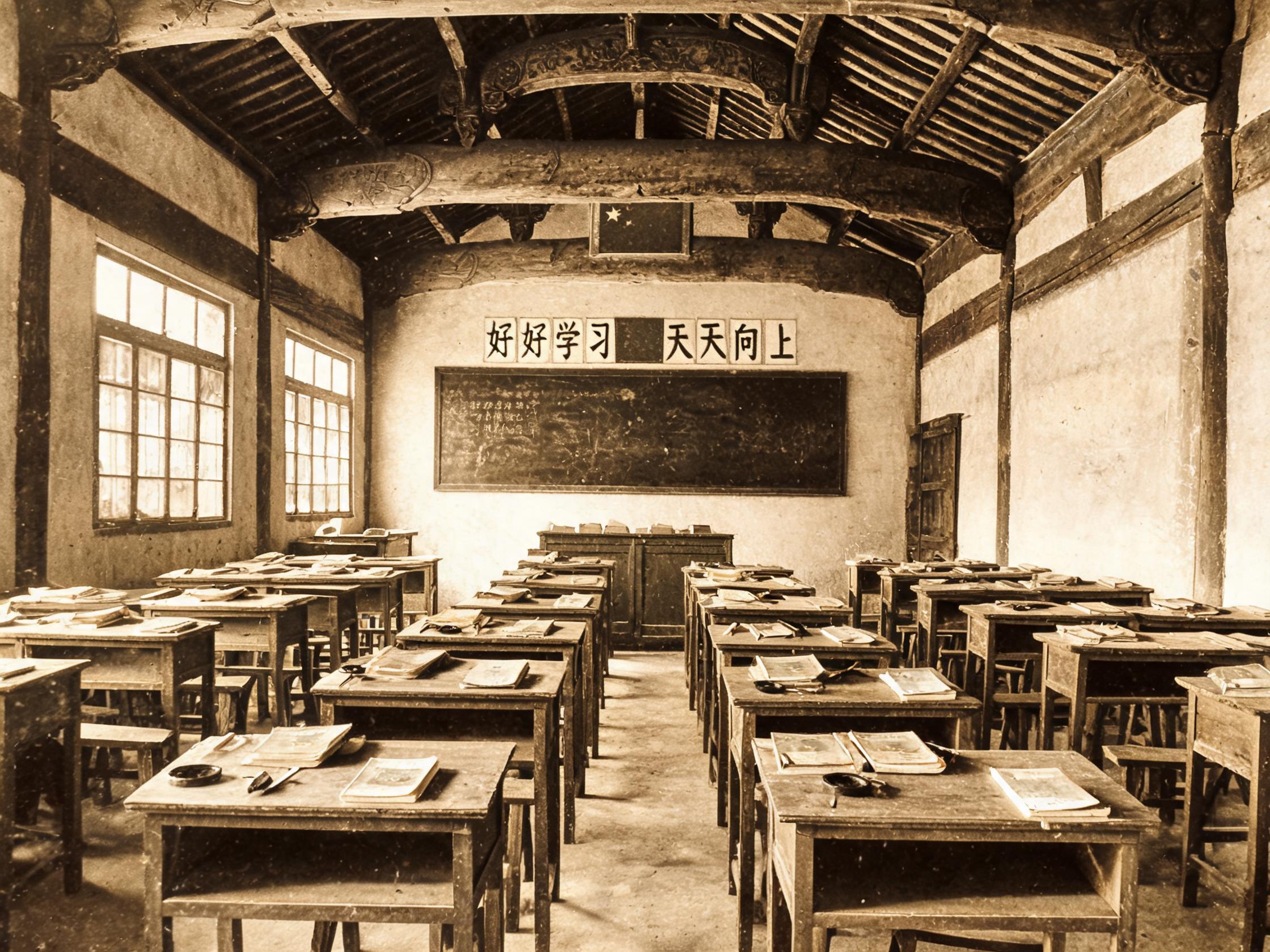 老式族学 · 课桌与课本（1960 年代）