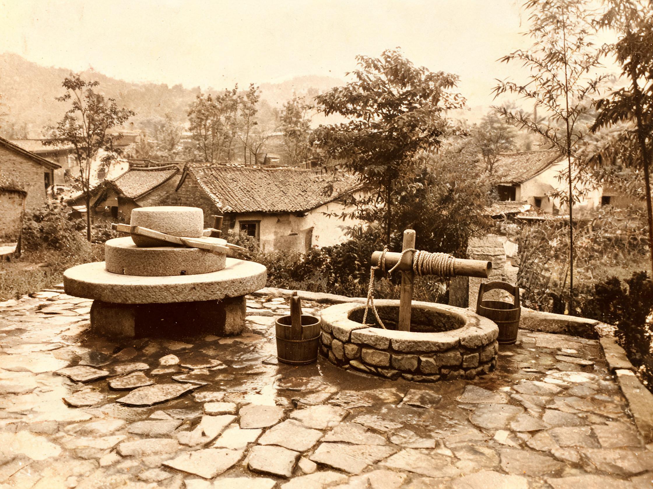 石碾与老井 · 塆中生活器物（1970 年代）