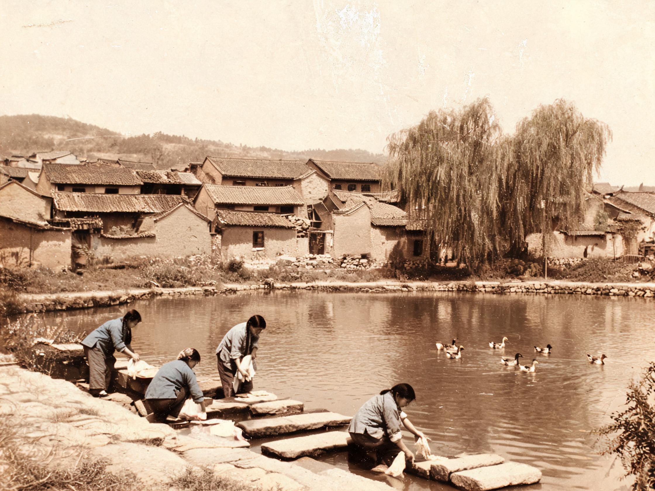 塆前水塘 · 夏日洗衣（1970 年代）